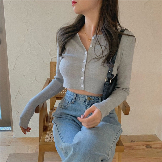 Korean Style O-neck Short Knitted Sweaters Women Thin Cardigan
