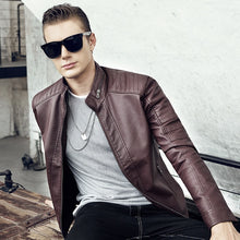 Load image into Gallery viewer, CustOmerD 2019 Autumn New Men&#39;s Casual Fashion Stand Collar Slim Leather Jacket Slim Solid Color Leather Jacket Men
