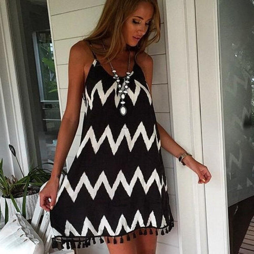 Female Wavy Strip Midi Dress Graceful Braces Shoulder Lady Dress Tassel Hem Summer  Chiffon Beach Dress